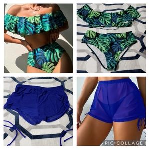 💙3 piece Shein Tropical Print Palm Ruffle Bikini Swimsuit Blue Mesh short LARGE